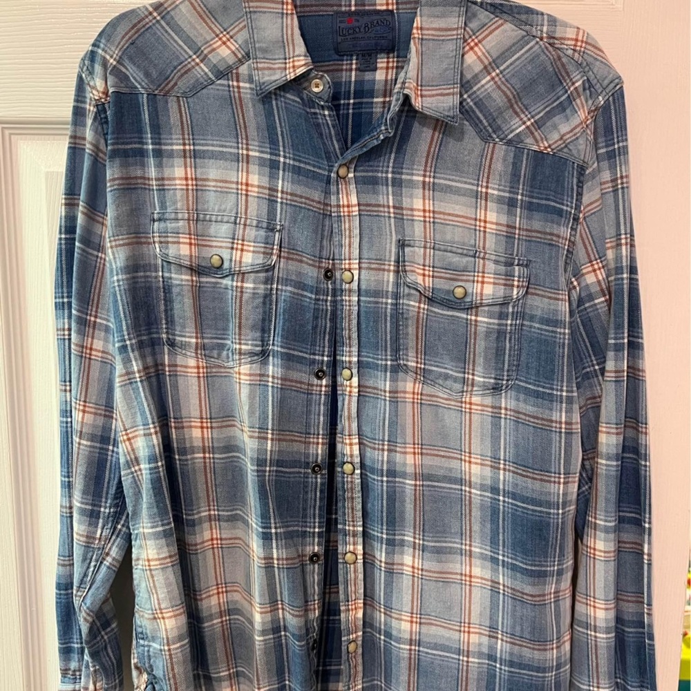 Lucky Brand Blue and Orange Plaid Casual Button Down Shirt
